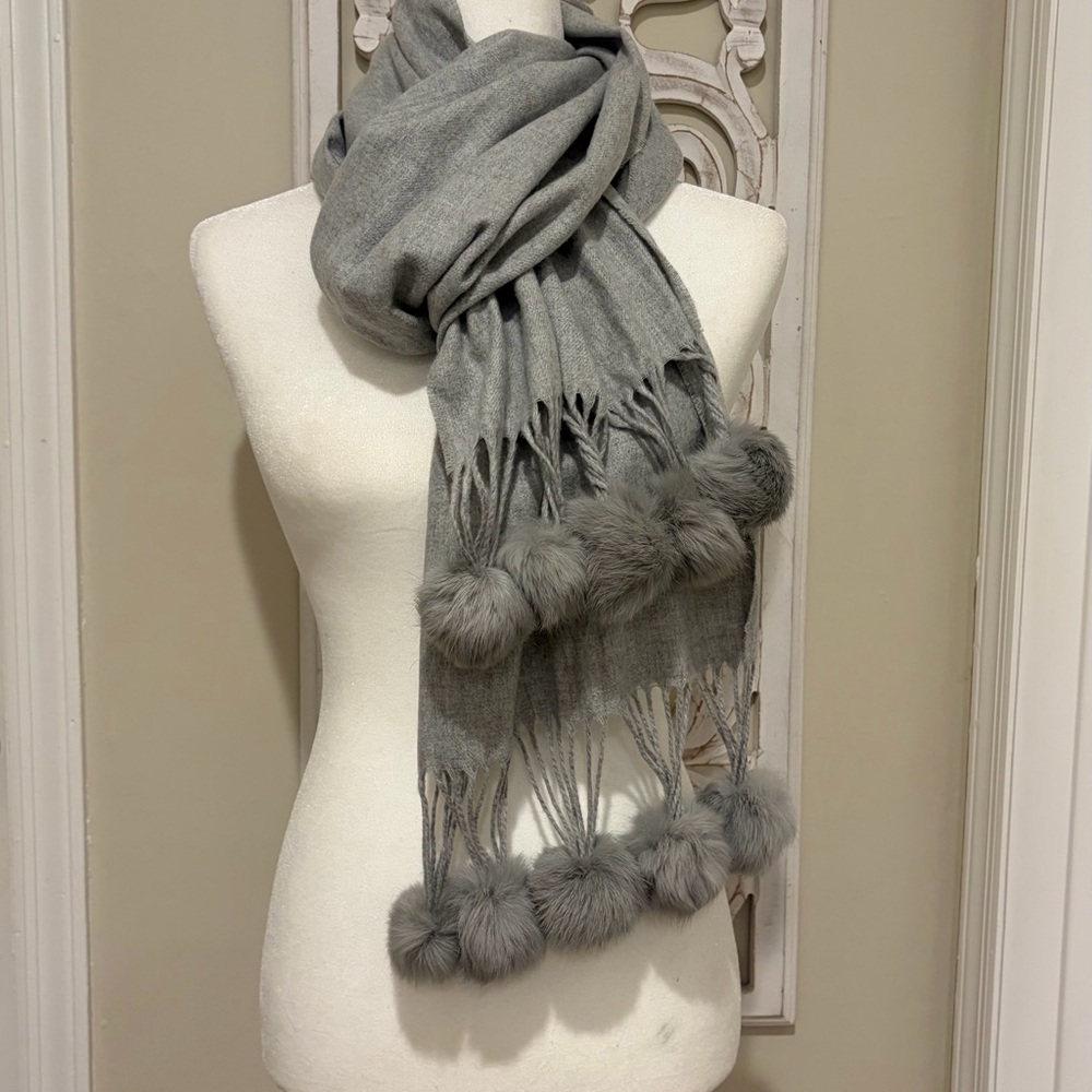 Lord & Taylor Gray Soft Scarf with Genuine Rabbit Fur Pom-Poms